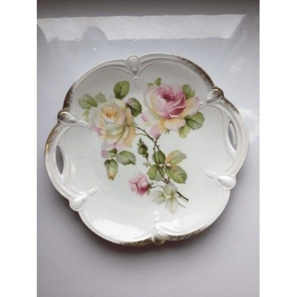 VTG Lehmann Arzberg Red‎ Lion Mark Bavaria Porcelain Pink Roses Cake Plate 10"
